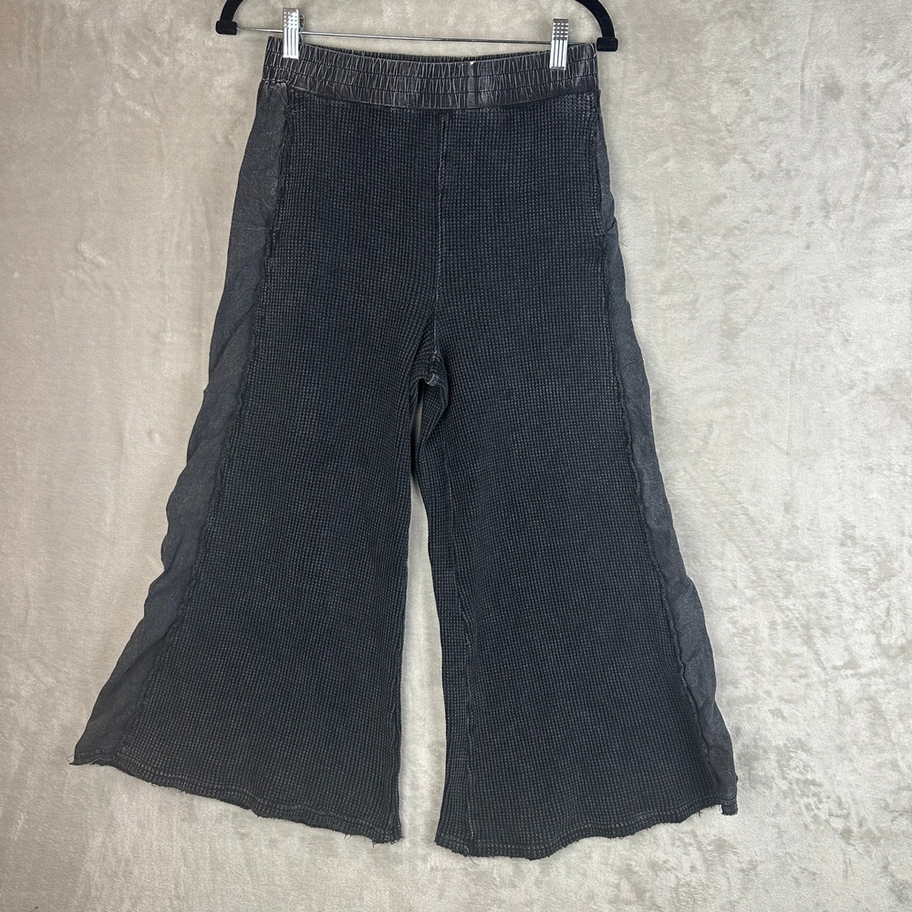 Oli & hali Waffle Knit Wide Leg Pants Charcoal Gray Cotton Raw Hem Style DS7092